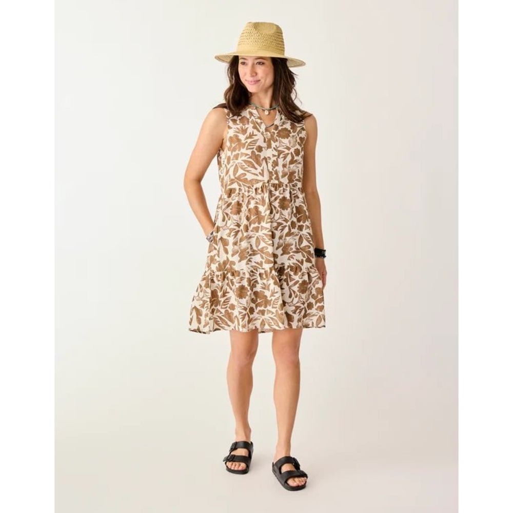 Carve Designs Nellie Linen Mini Dress Rum Brown Floral Tiered w/ Pockets  S